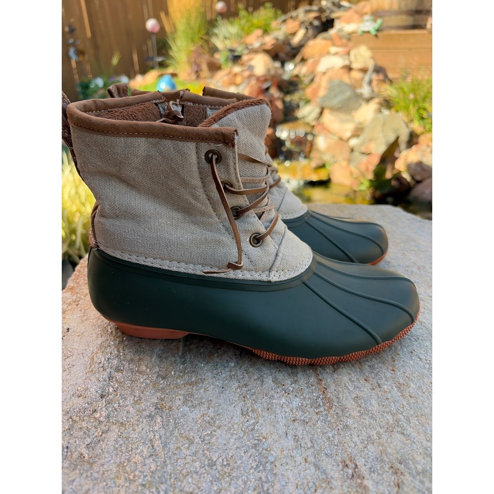 Serra Ladies Winter Duck Boots Green Tan 3M Thinsulate Faux Fur Lining Size 8